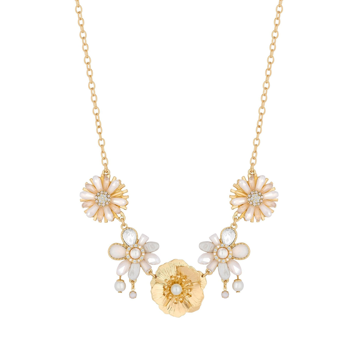 Mood Gold Pearl And Crystal Flower Statement Collar Necklace