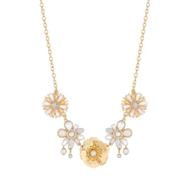 Mood Gold Pearl And Crystal Flower Statement Collar Necklace