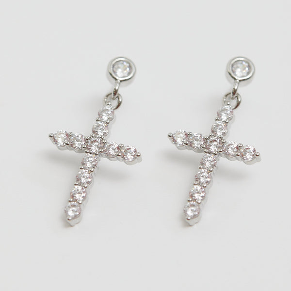 Jon Richard Rhodium Plated Cubic Zirconia Cross Charm Earrings