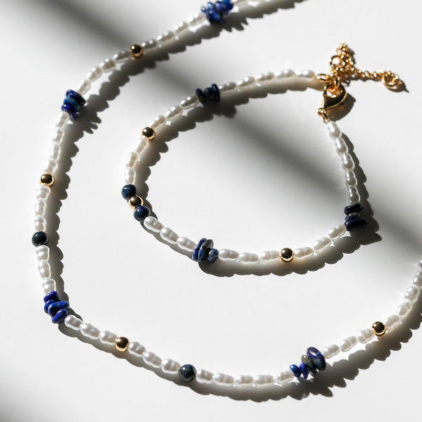 Mood Gold Blue Lapis And Pearl Fine Stacker Bracelet