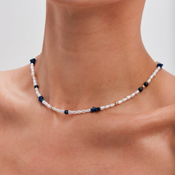 Mood Gold Blue Lapis And Pearl Fine Stacker Necklace
