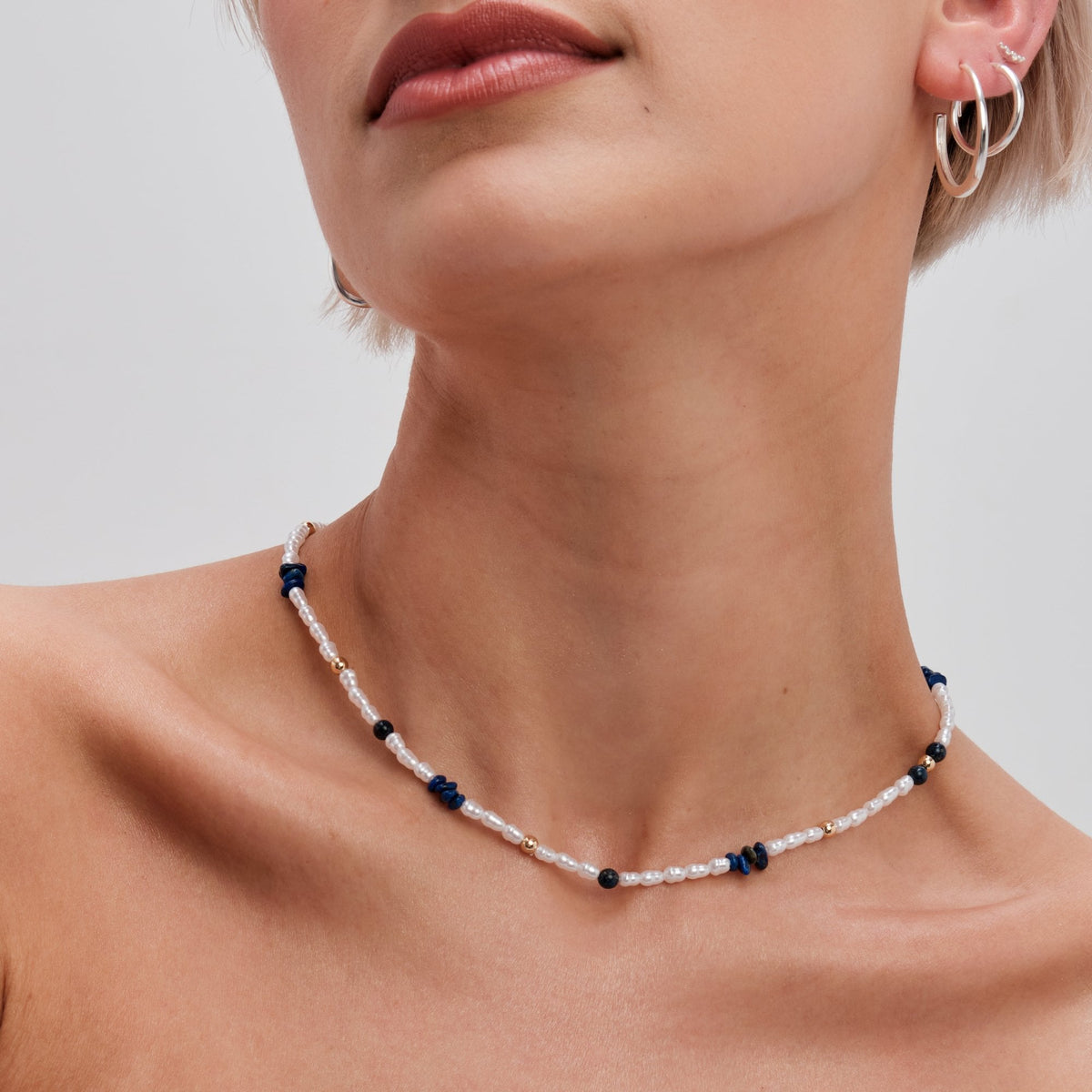 Mood Gold Blue Lapis And Pearl Fine Stacker Necklace