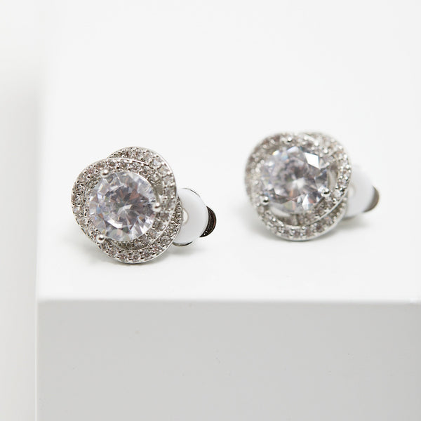 Silver Pave Crossover Halo With Centre Stone Clip Earrings