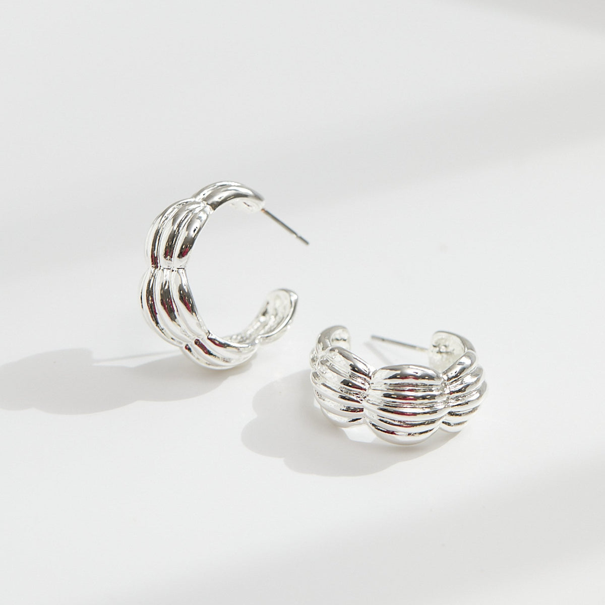 Mood Recycled Silver Polished Tapered Ribbed Hoop Earrings