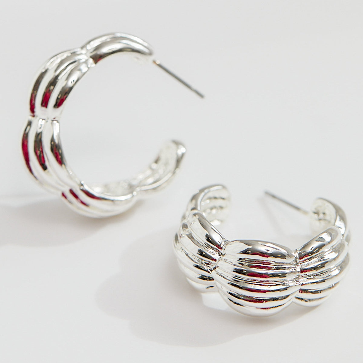 Mood Recycled Silver Polished Tapered Ribbed Hoop Earrings