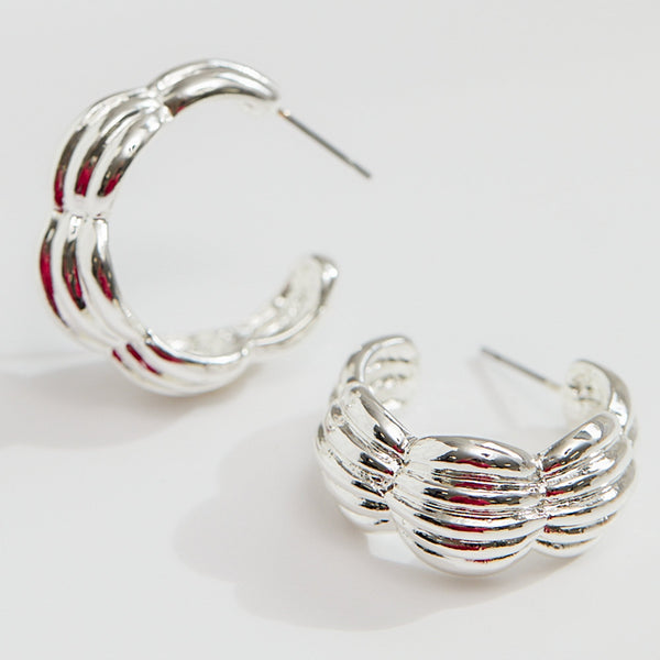 Mood Recycled Silver Polished Tapered Ribbed Hoop Earrings