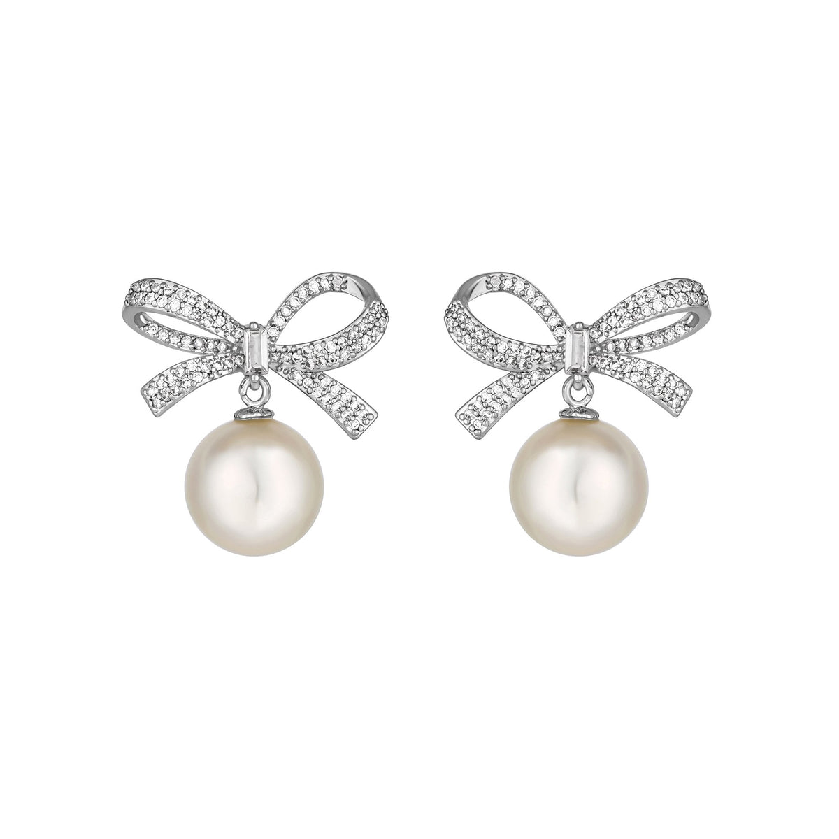 Jon Richard Rhodium Plated Cubic Zirconia Bow and Pearl Earrings