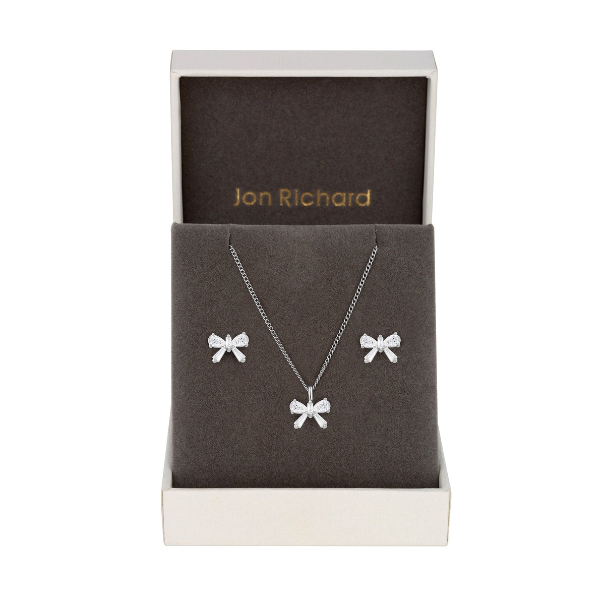 Jon Richard Rhodium Plated Bow Earrings and Pendant Set - Gift Boxed