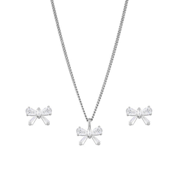 Jon Richard Rhodium Plated Bow Earrings and Pendant Set - Gift Boxed