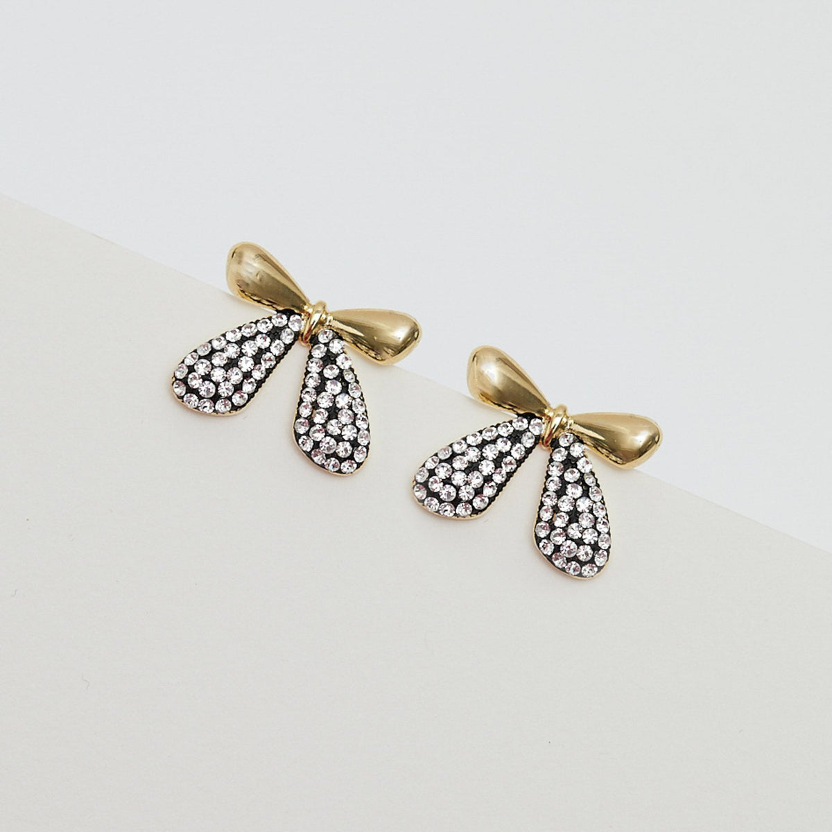 Mood Gold Black And Crystal Mini Bow Stud Earrings