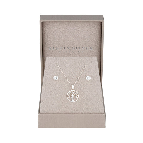 Simply Silver Sterling Silver 925 Cubic Zirconia Tree of Love Jewellery Set - Gift Boxed