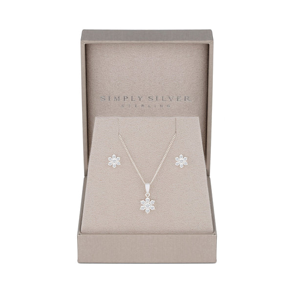 Sterling Silver 925 White Cubic Zirconia Flower  Matching Set