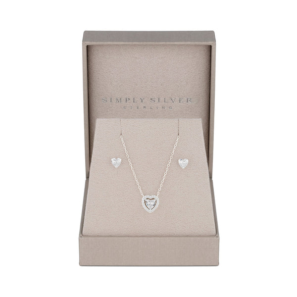 Sterling Silver 925 Cubic Zirconia Halo Heart Set
