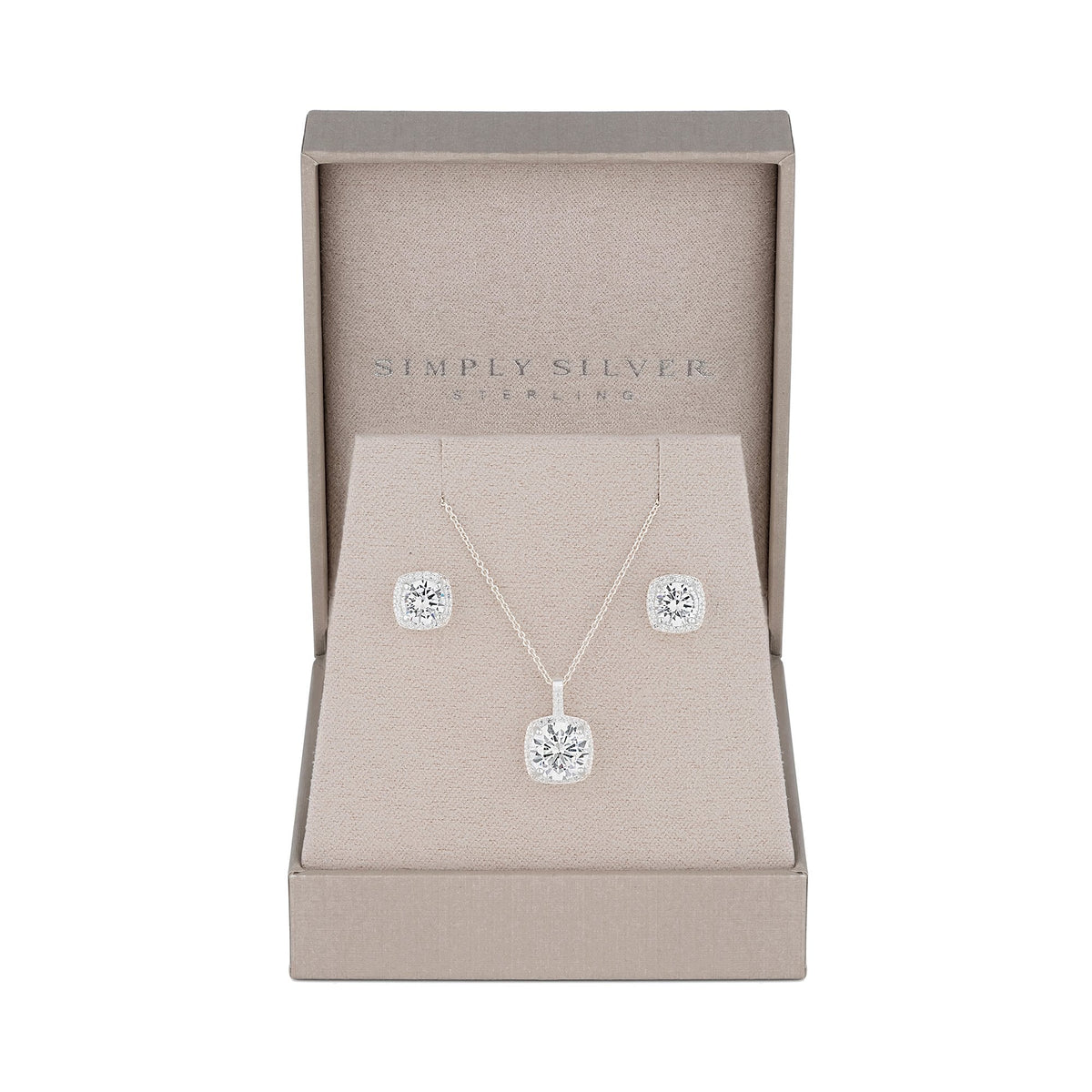 Sterling 925 Halo Square Solitaire Matching Jewellery Set Gift Boxed