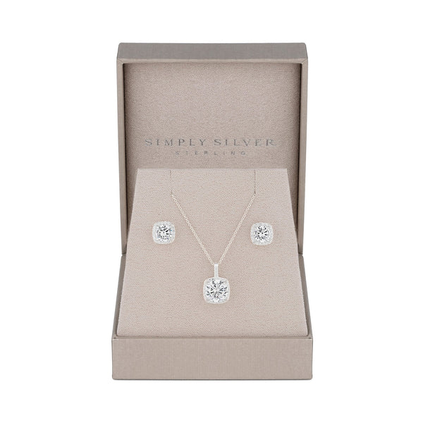 Simply Silver Sterling Silver 925 Halo Square Solitaire Matching Jewellery Set - Gift Boxed