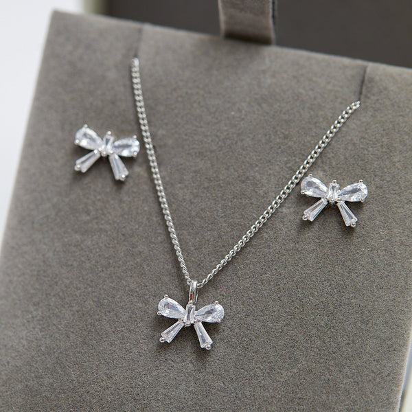 Jon Richard Rhodium Plated Bow Earrings and Pendant Set - Gift Boxed
