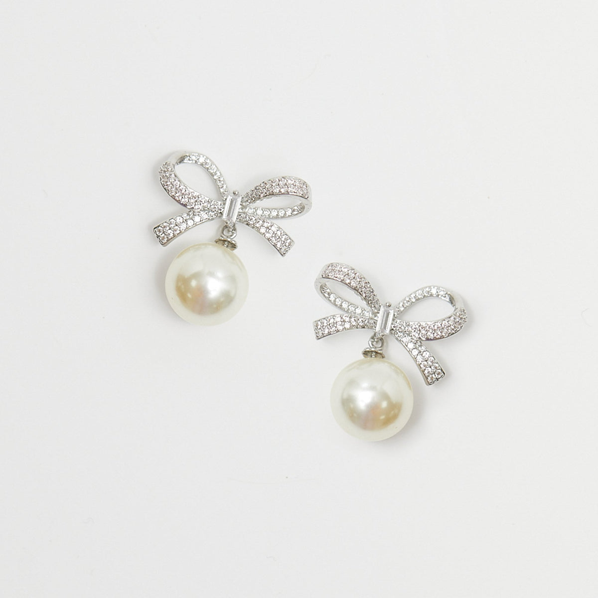 Jon Richard Rhodium Plated Cubic Zirconia Bow and Pearl Earrings