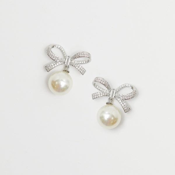 Jon Richard Rhodium Plated Cubic Zirconia Bow and Pearl Earrings