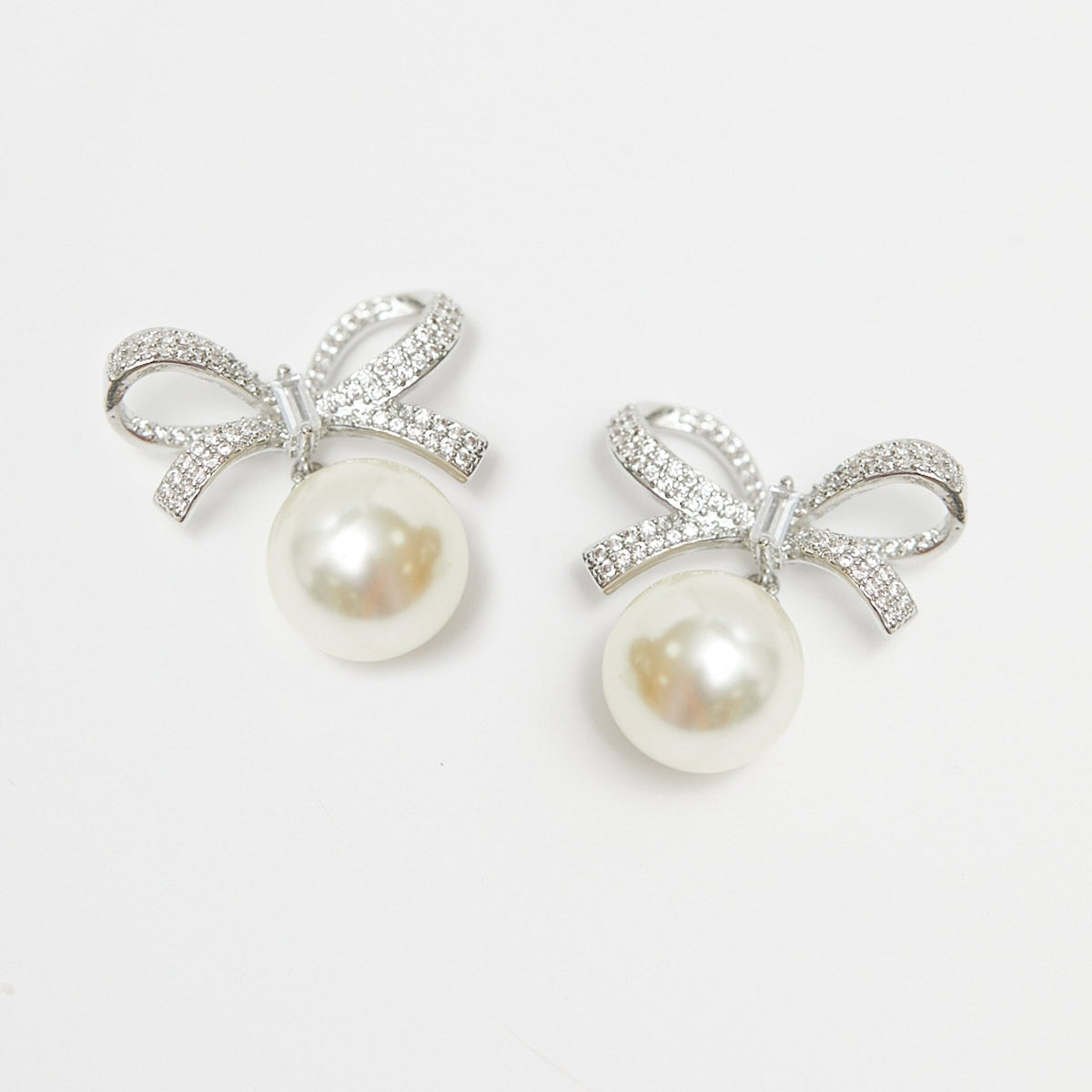 Jon Richard Rhodium Plated Cubic Zirconia Bow and Pearl Earrings