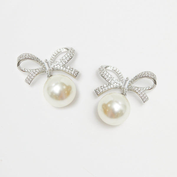 Jon Richard Rhodium Plated Cubic Zirconia Bow and Pearl Earrings
