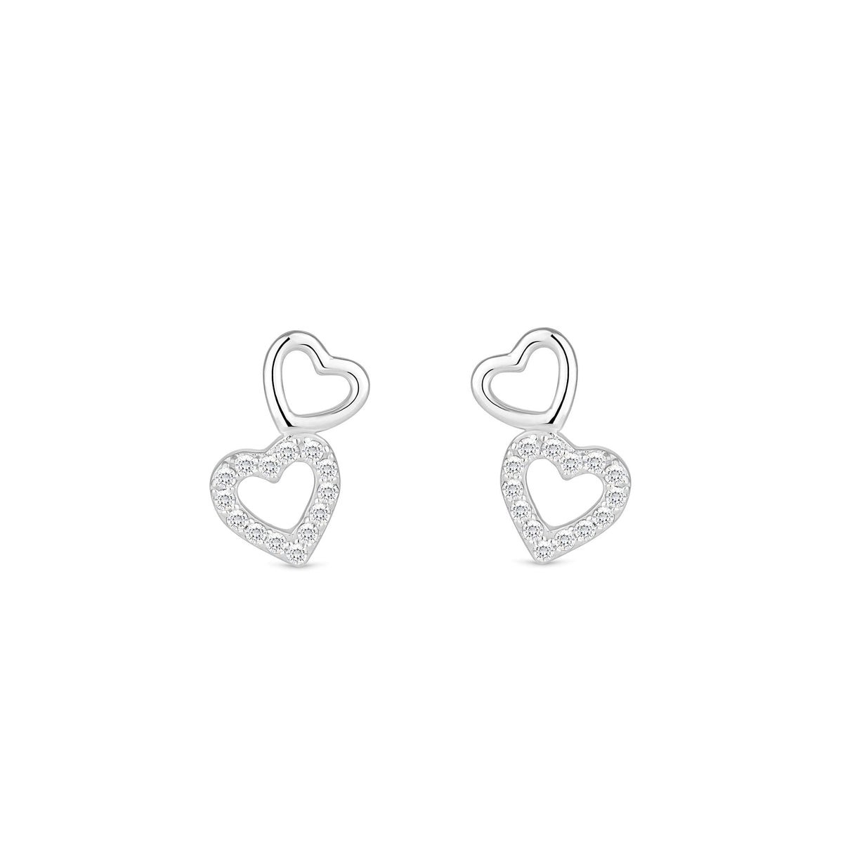 Simply Silver Sterling Silver 925 Polished and Cubic Zirconia Double Heart Stud Earrings