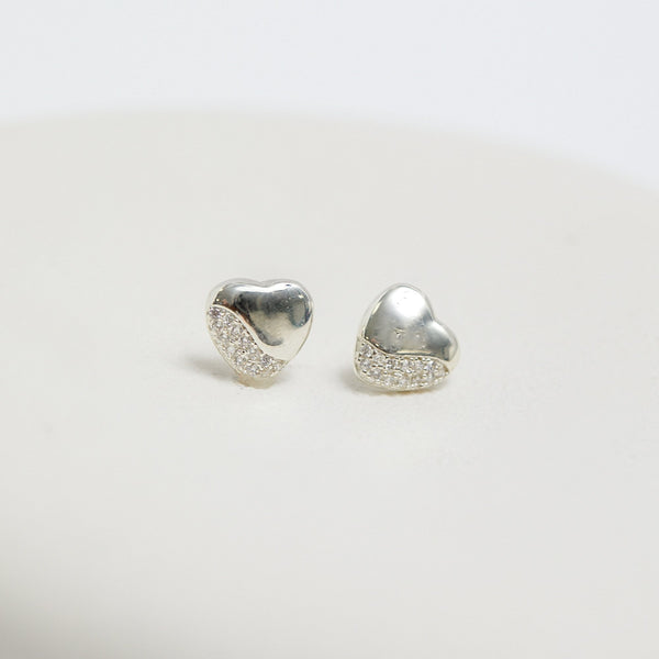 Simply Silver Sterling Silver 925 Polished and Pave Heart Stud Earrings