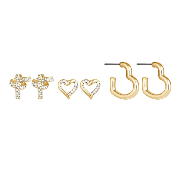 Mood Gold Crystal Love Heart Mixed Earrings - Pack of 3