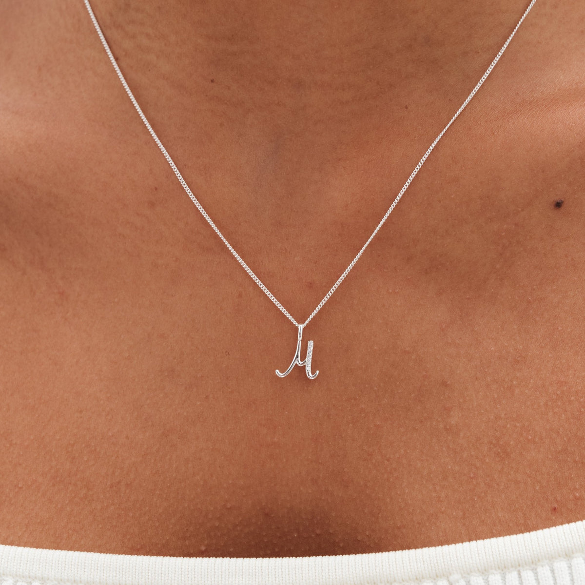 Simply Silver Sterling Silver 925 Polished and Cubic Zirconia Initial Pendant - M
