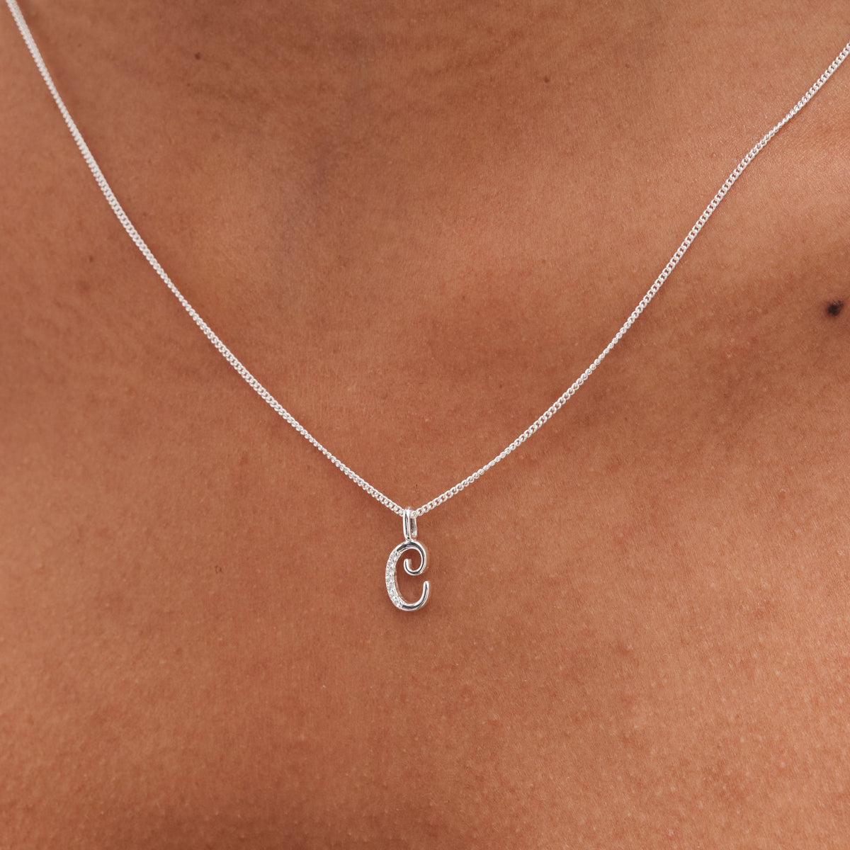 Simply Silver Sterling Silver 925 Polished and Cubic Zirconia Initial Pendant - C
