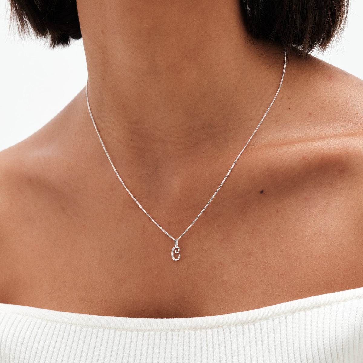 Simply Silver Sterling Silver 925 Polished and Cubic Zirconia Initial Pendant - C