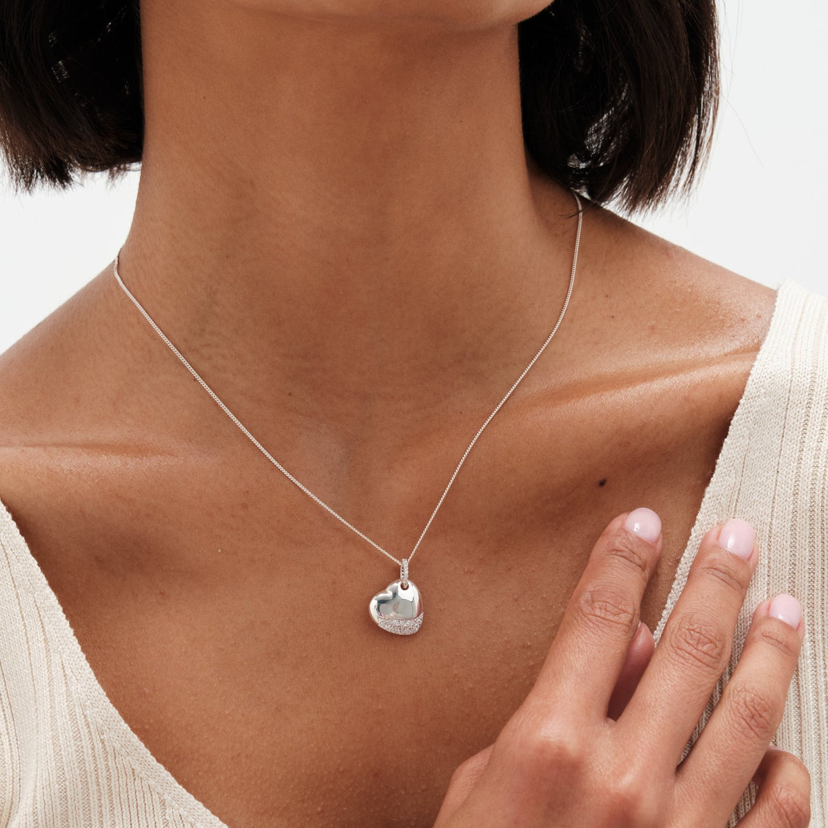 Simply Silver Sterling Silver 925 Pave and Polished Puff Heart Necklace