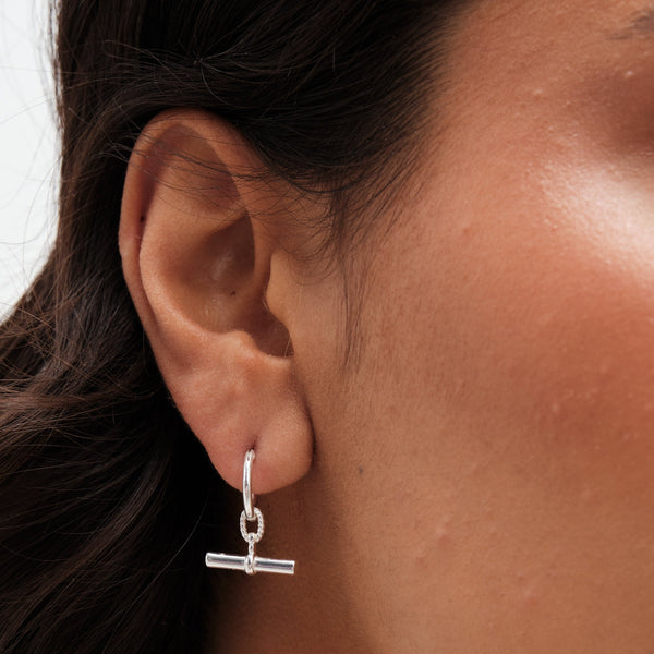 Simply Silver Sterling Silver 925 Textured Polished T Bar Hoop Earrings
