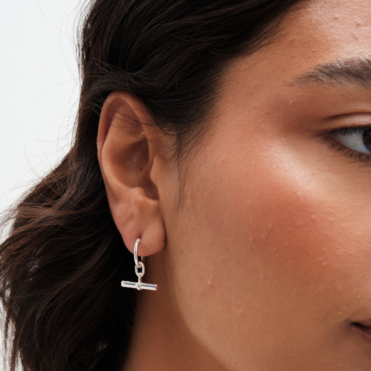 Simply Silver Sterling Silver 925 Textured Polished T Bar Hoop Earrings
