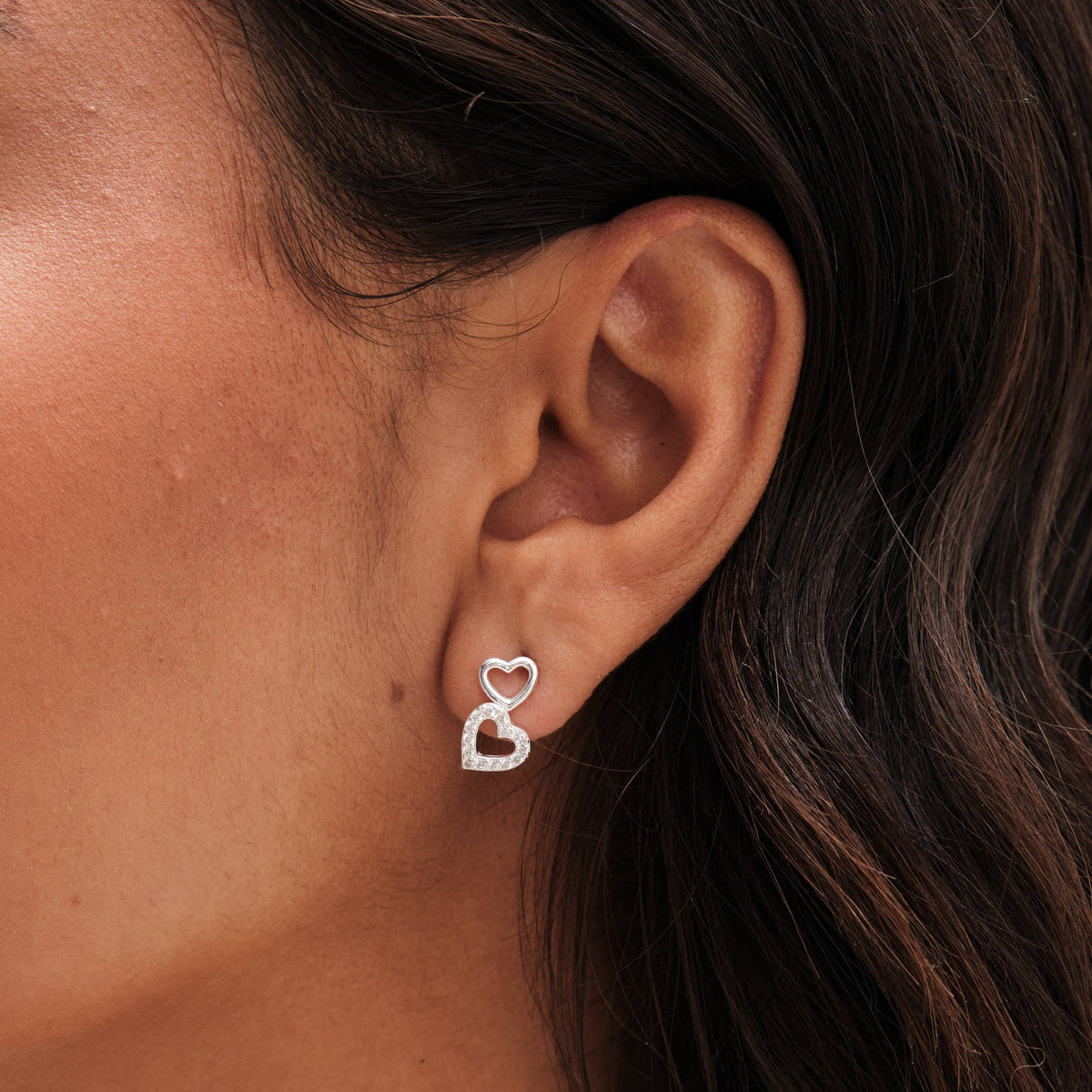 Simply Silver Sterling Silver 925 Polished and Cubic Zirconia Double Heart Stud Earrings