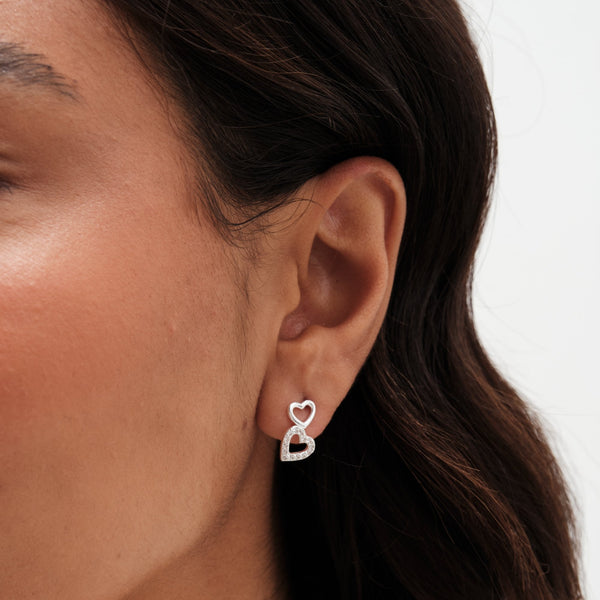 Simply Silver Sterling Silver 925 Polished and Cubic Zirconia Double Heart Stud Earrings