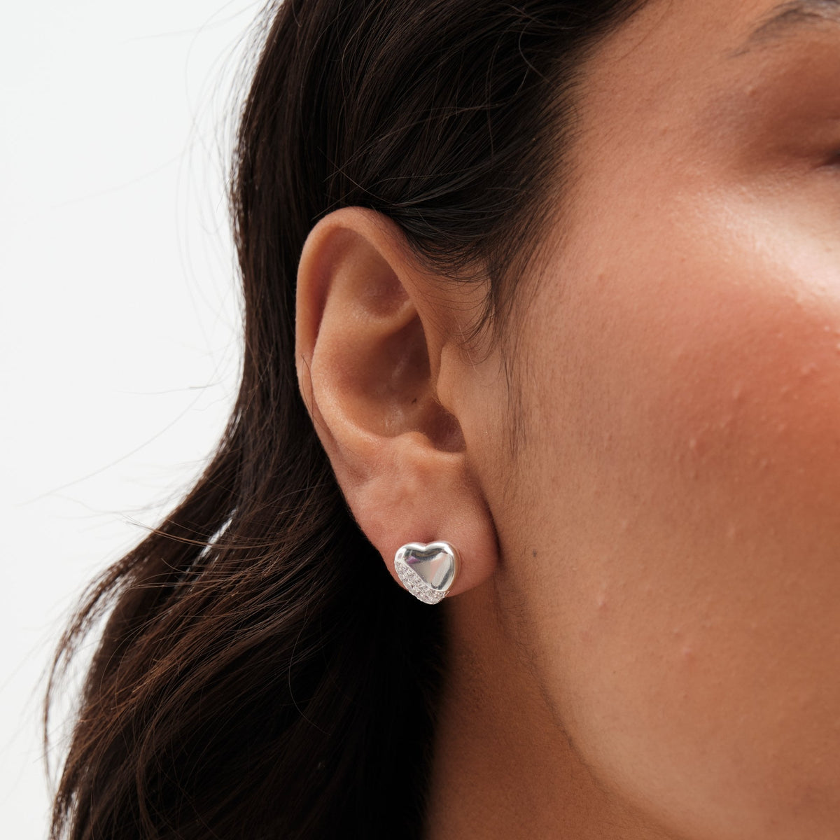 Simply Silver Sterling Silver 925 Polished and Pave Heart Stud Earrings