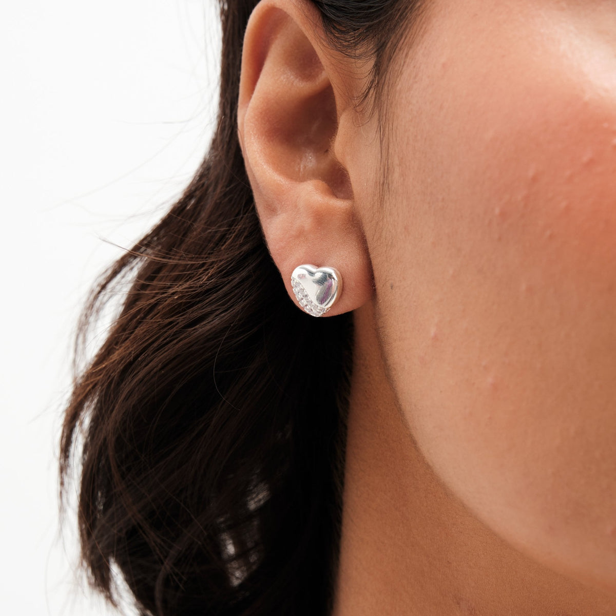 Simply Silver Sterling Silver 925 Polished and Pave Heart Stud Earrings