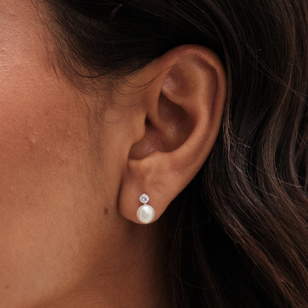 Simply Silver Recycled Sterling Silver 925 Pearl and Cubic Zirconia Stud Earrings