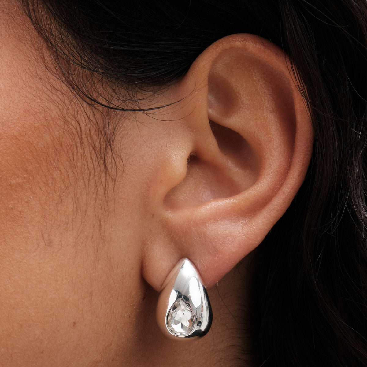 Mood Silver Crystal Pear Dome Hoop Earrings