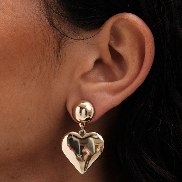 Mood Gold Polished Puffed Heart Drop Earrings