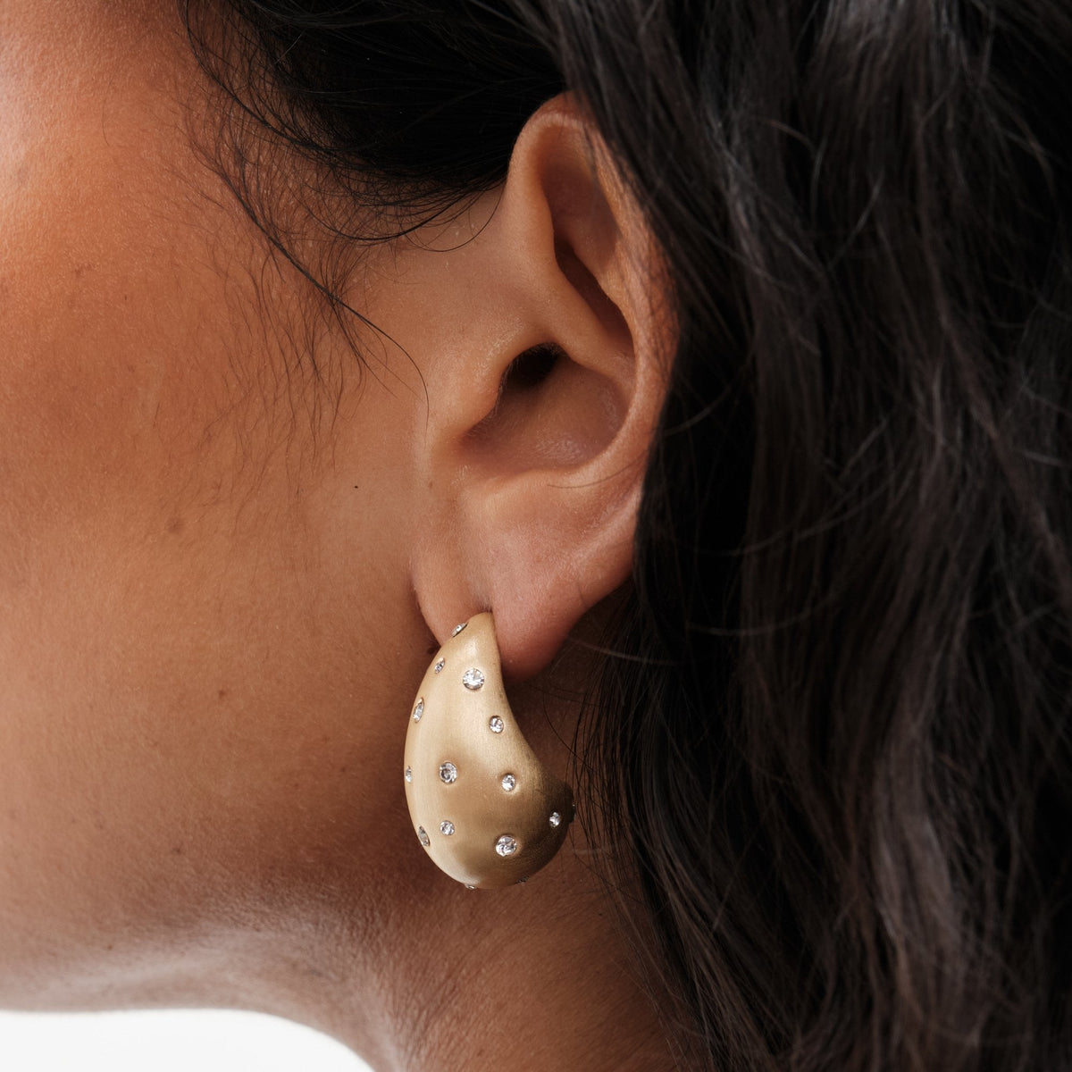 Mood Gold Polished And Crystal Stone Teardrop Hoop Earrings