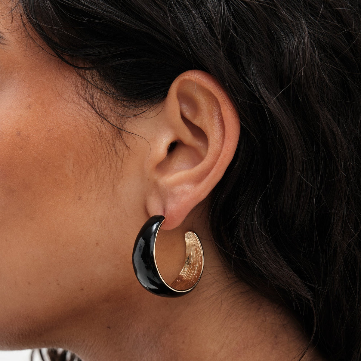 Mood Gold Black Enamel Curved Hoop Earrings