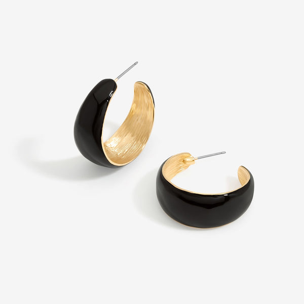 Mood Gold Black Enamel Curved Hoop Earrings