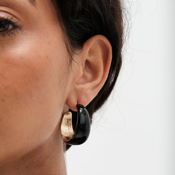 Mood Gold Black Enamel Curved Hoop Earrings