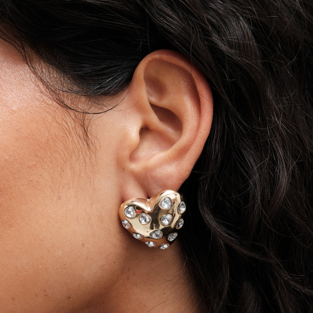 Mood Gold Crystal Puffed Heart Statement Stud Earrings