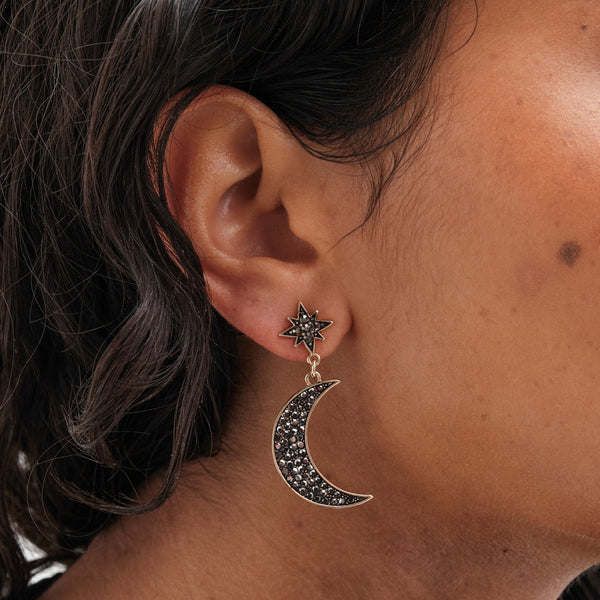 Mood Gold Black Star And Moon Drop Earrings