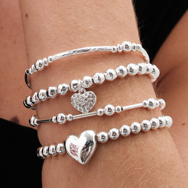 Mood Silver Polished Ball Heart Charm Stretch Bracelets - Pack of 4