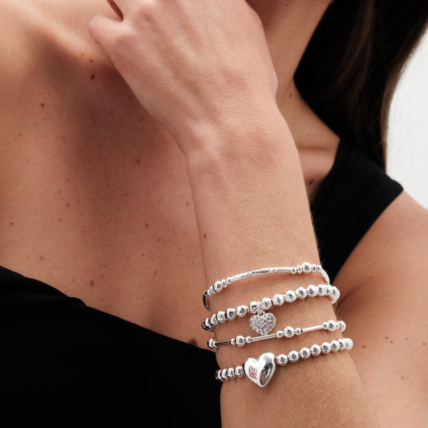 Mood Silver Polished Ball Heart Charm Stretch Bracelets - Pack of 4