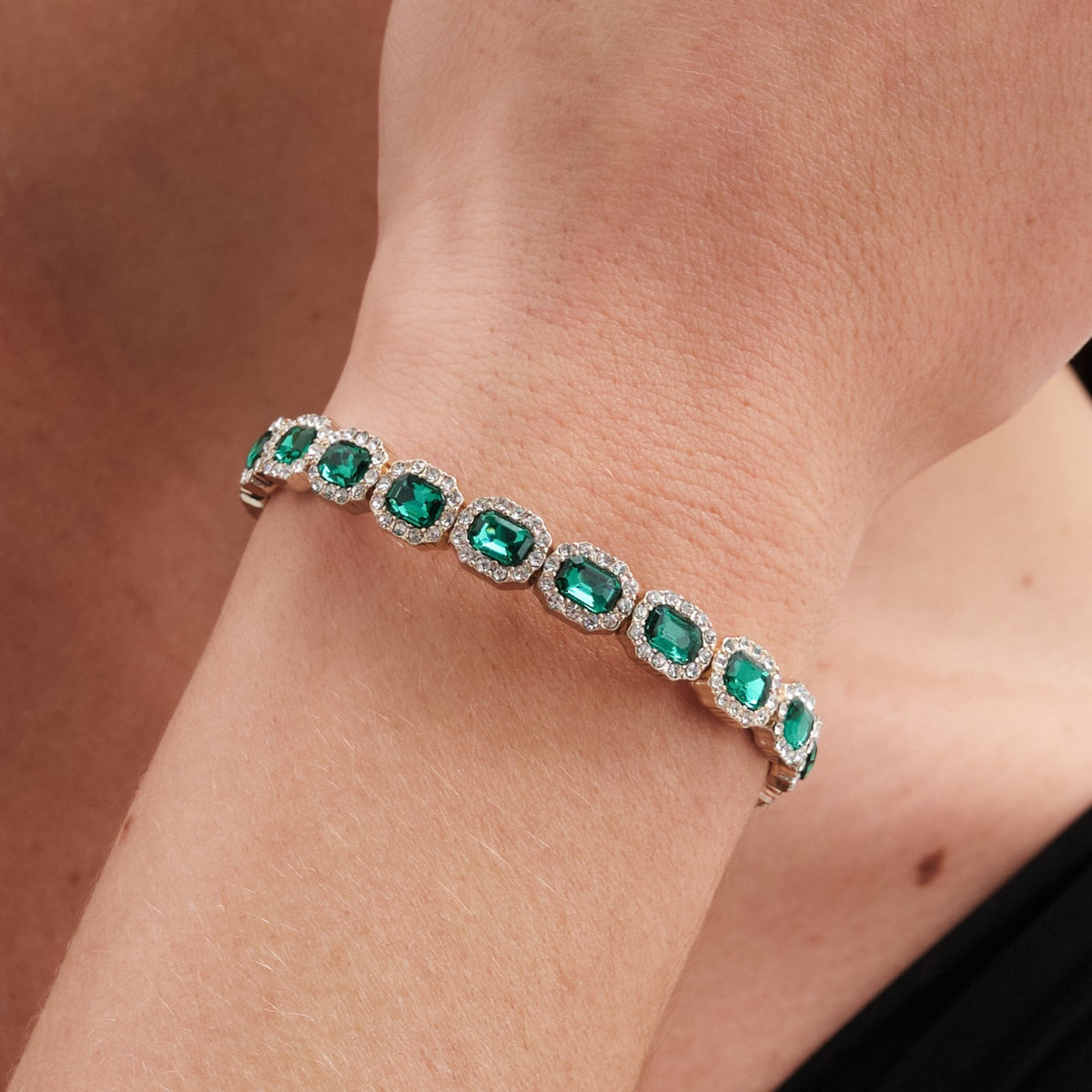 Gold Plated Emerald Green Crystal Rectangle Stretch Bracelet