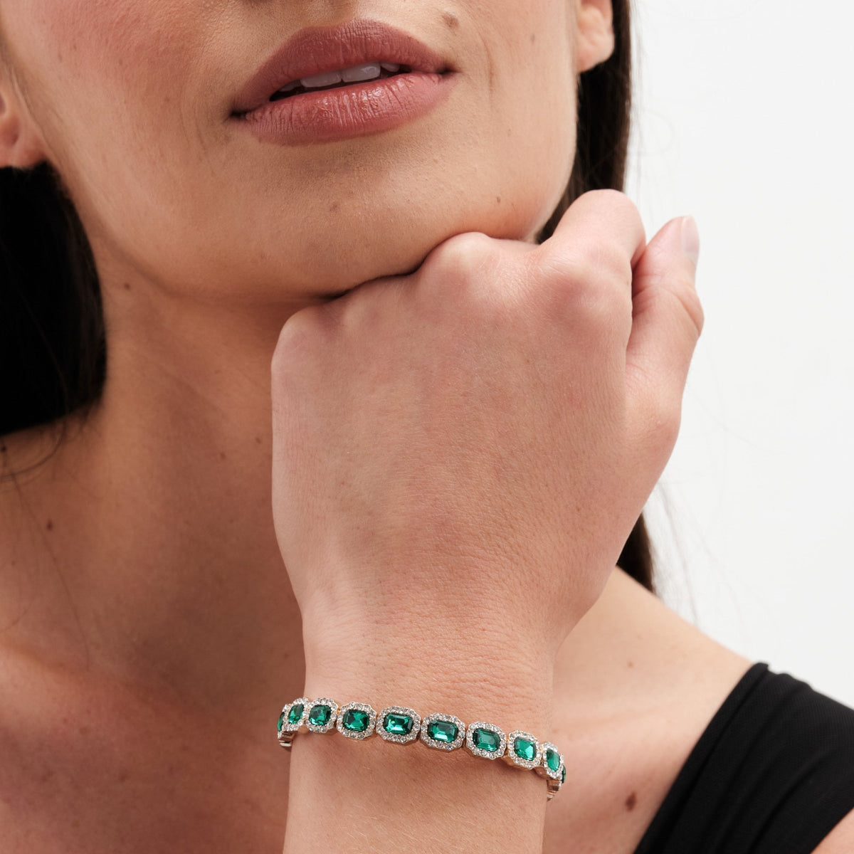 Gold Plated Emerald Green Crystal Rectangle Stretch Bracelet